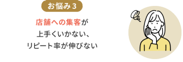 お悩み3　店舗への集客が上手くいかない、リピート率が伸びない