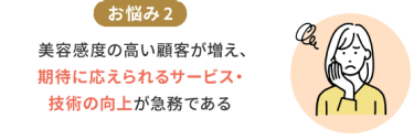 お悩み2　美容感度の高い顧客が増え、期待に応えられるサービス・技術の向上が急務である